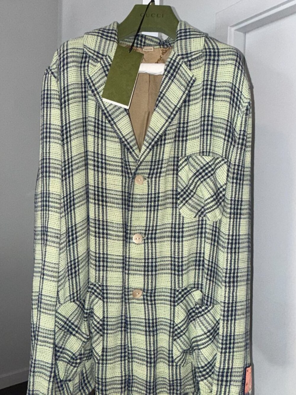 Gucci Men’s Plaid Sports Coat Blazer Size 52 NWT Embroidered Patch Rare $1200